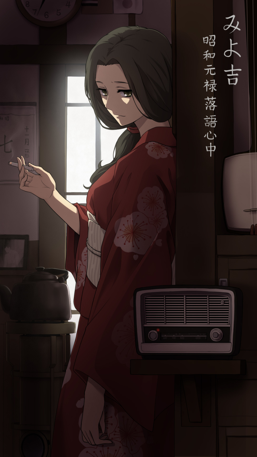 1girl, backlighting, brown_eyes, check_commentary, commentary_request, floral_print, highres, indoors, japanese_clothes, kimono, laofuzi_dai_bansho, miyokichi_(rakugo), photo_(object), radio, red_kimono, shouwa_genroku_rakugo_shinjuu, smoking, solo, standing, teapot