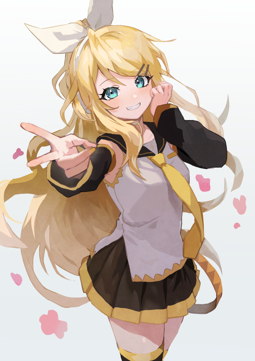 1girl, black_sailor_collar, black_skirt, black_sleeves, black_thighhighs, blonde_hair, blue_eyes, commentary_request, detached_sleeves, kagamine_rin_(future_style), grey_background, grin, hair_ornament, hair_ribbon, hairband, hairclip, hand_up, highres, kagamine_rin, long_hair, long_sleeves, looking_at_viewer, nail_polish, necktie, pleated_skirt, ribbon, sailor_collar, saz8720, school_uniform, serafuku, shirt, simple_background, skirt, sleeveless, sleeveless_shirt, smile, solo, thighhighs, v, very_long_hair, vocaloid, white_hairband, white_ribbon, white_shirt, yellow_nails, yellow_necktie