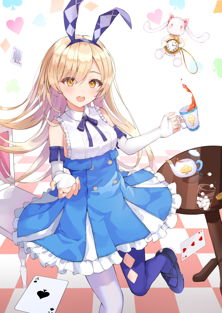 1girl, absurdres, akie_(44265104), alice_(masterwork_apocalypse), animal_ears, asymmetrical_legwear, bad_id, bad_pixiv_id, blue_skirt, card, cup, desk, elbow_gloves, fake_animal_ears, fingerless_gloves, frilled_shirt, frilled_skirt, frills, gloves, hairband, high-waist_skirt, highres, holding, holding_cup, long_hair, looking_at_viewer, masterwork_apocalypse, mismatched_legwear, open_mouth, purple_footwear, purple_hairband, purple_legwear, purple_ribbon, rabbit_ears, ribbon, shirt, skirt, solo, standing, standing_on_one_leg, stuffed_animal, stuffed_rabbit, stuffed_toy, tea, teeth, tile_floor, tiles, upper_teeth_only, white_background, white_gloves, white_legwear, yellow_eyes