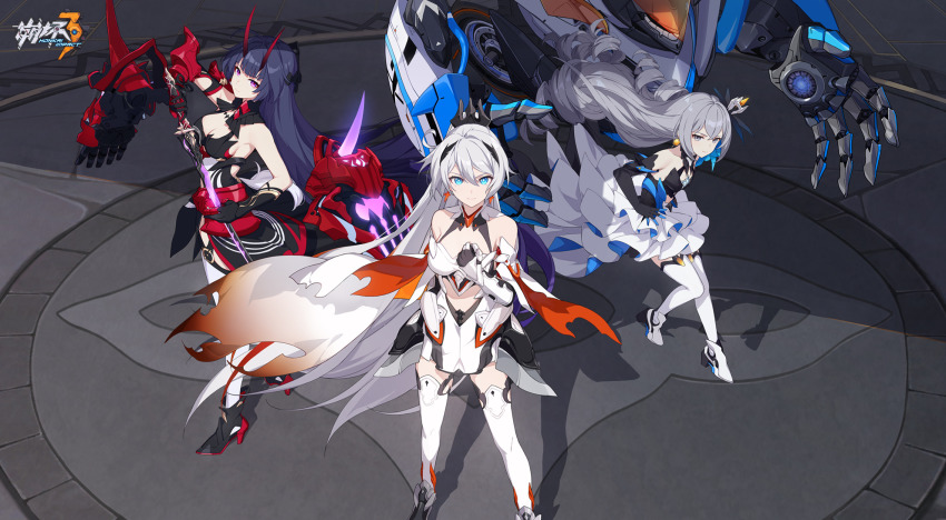 3girls, armor, bare_shoulders, black_gloves, blue_eyes, boots, breasts, bronya_zaychik