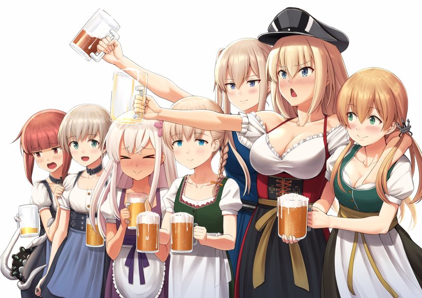 >_<, 6+girls, alcohol, alternate_costume, aqua_eyes, beer, beer_mug, bismarck_(kancolle), blonde_hair, blue_eyes, blush, braid, breasts, brown_eyes, cleavage, closed_mouth, collarbone, cup, dirndl, enemy_naval_mine_(kancolle), flower, german_clothes, graf_zeppelin_(kancolle), grey_headwear, groping, hair_between_eyes, hair_flower, hair_ornament, hat, highres, holding, holding_cup, ichikawa_feesu, kantai_collection, large_breasts, long_hair, mug, multiple_girls, oktoberfest, open_mouth, peaked_cap, pink_flower, prinz_eugen_(kancolle), puffy_short_sleeves, puffy_sleeves, purple_eyes, red_hair, ro-500_(kancolle), shin'you_(kancolle), shin'you_(oktoberfest)_(kancolle), short_hair, short_sleeves, sidelocks, simple_background, single_braid, smile, twintails, white_background, z1_leberecht_maass_(kancolle), z1_leberecht_maass_(oktoberfest)_(kancolle), z3_max_schultz_(kancolle)