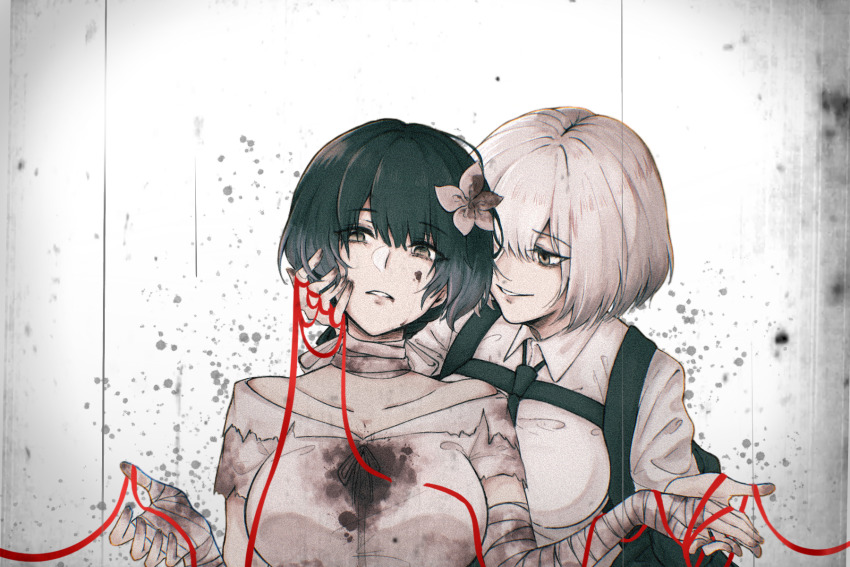 2girls, bandaged_arm, bandaged_neck, bandages, black_hair, blood, blood_on_clothes, bob_cut