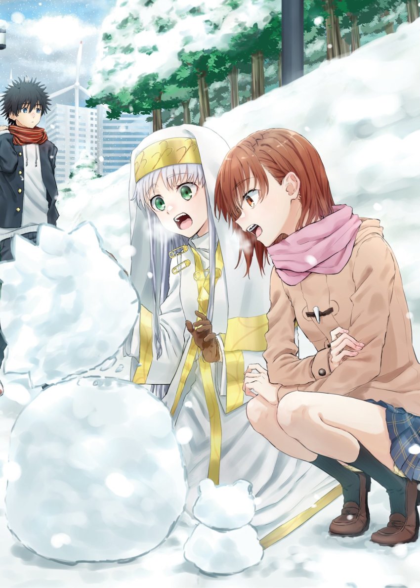 1boy, 2girls, aic_oekaki, black_hair, blue_eyes, breath, brown_eyes, brown_hair, coat, gakuran, gloves, green_eyes, habit, hair_behind_ear, highres, index_(toaru_majutsu_no_index), jacket, kamijou_touma, loafers, long_hair, medium_hair, misaka_mikoto, multiple_girls, nun, nun_headdress, open_mouth, outdoors, pink_scarf, plaid_clothes, plaid_skirt, pleated_skirt, profile, safety_pin, scarf, school_uniform, shoes, shorts, shorts_under_skirt, silver_hair, skirt, snow, snowing, snowman, spiked_hair, squatting, toaru_majutsu_no_index, tree, wind_turbine, windmill