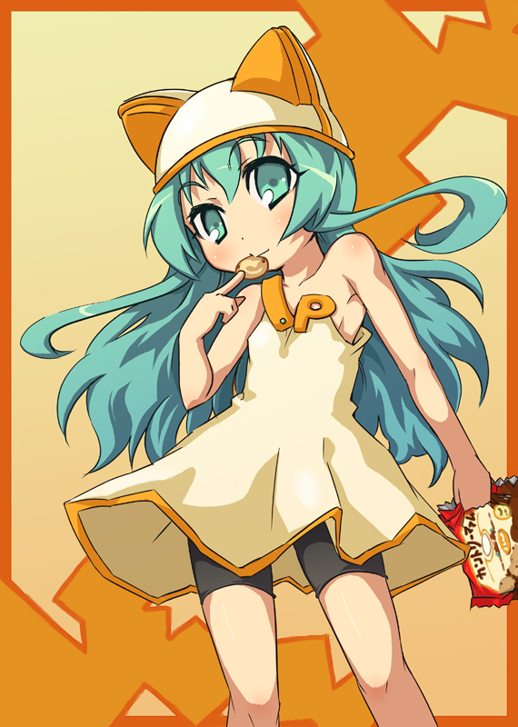 1girl, animal_ears, animal_hat, aqua_eyes, aqua_hair, bag, bare_shoulders, bike_shorts, blush, border, cat_hat, child, cookie, country_ma'am, dress, eating, female_focus, flat_chest, floating_hair, food, gradient_background, hat, holding, komin-chan, long_hair, looking_at_viewer, orange_background, original, sasamashin, short_dress, shorts, shorts_under_dress, shorts_under_skirt, solo, spandex, standing, wavy_hair