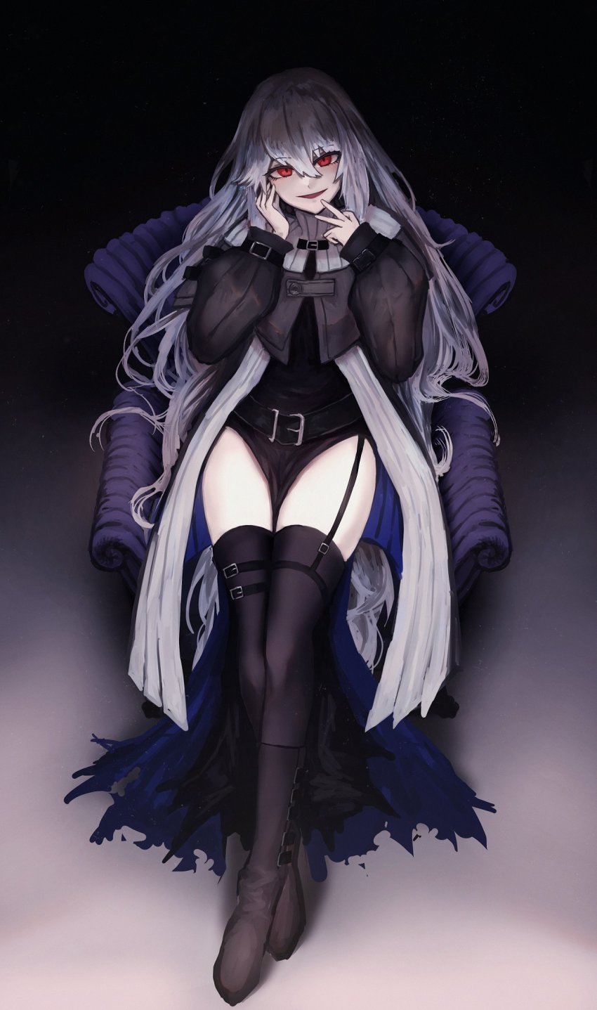 1girl, arknights, belt, belt_boots, black_background, black_belt, black_boots, black_cape