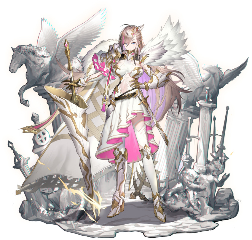 1girl, ark_order, armor, armored_boots, bandaid, bandaid_on_face, belt, boots, braid, breasts, cape, chromatic_aberration, colored_inner_hair, dress, expressionless, faux_figurine, full_body, gauntlets, gloves, gold_trim, hair_ornament, hand_on_own_hip, high_heel_boots, high_heels, highres, holding, holding_weapon, knee_boots, large_breasts, long_hair, looking_at_viewer, multicolored_hair, official_art, pegasus, pillar, pppppan, purple_hair, sheath, sheathed, silver_hair, single_knee_boot, solo, statue, stone, streaked_hair, sword, thighhighs, torn_clothes, transparent_background, tyr_(ark_order), weapon, weapon_request, white_boots, white_cape, white_dress, white_gloves, white_thighhighs