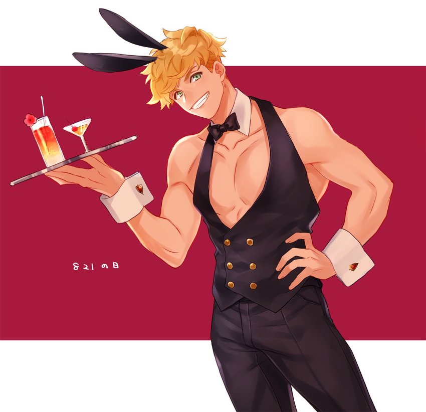 1boy, alternate_costume, animal_ears, bad_id, bad_twitter_id, bare_shoulders, black_pants, blonde_hair