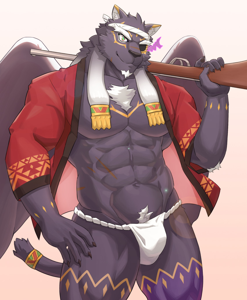 1boy, abs, absurdres, animal_ears, bara, bulge, facial_hair, feathered_wings