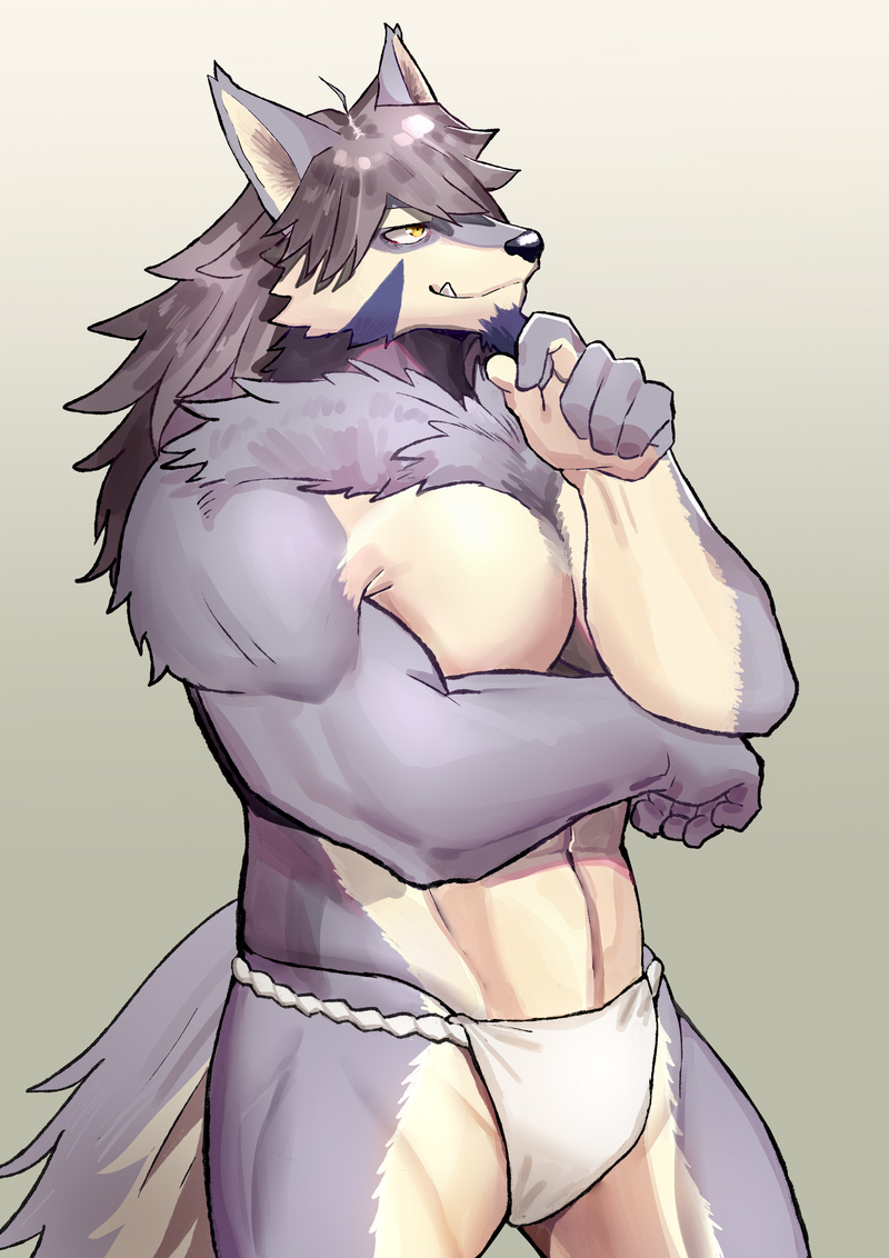 1boy, abs, animal_ears, bara, beige_fur, bulge, daikaijuu_monogatari, facial_hair, fang, feet_out_of_frame, fundoshi, furry, furry_male, goatee, hair_between_eyes, japanese_clothes, large_pectorals, long_hair, male_focus, mature_male, muscular, muscular_male, navel, navel_hair, pectoral_lift, pectorals, ryulabo, solo, stomach, stroking_beard, temujin_(housamo), thick_thighs, thighs, tokyo_houkago_summoners, topless_male, underwear, underwear_only, wolf_boy, wolf_ears