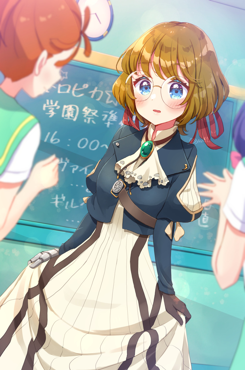 3girls, absurdres, analog_clock, aozora_middle_school_uniform, aqua_sailor_collar, ascot, blue_eyes, blue_jacket