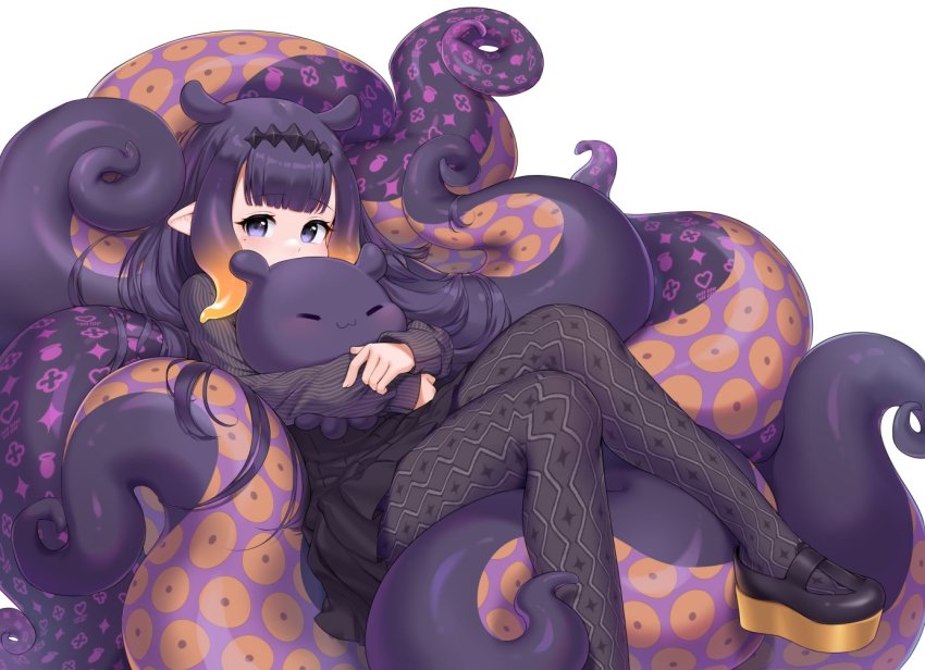 1girl, black_footwear, black_pantyhose, blunt_bangs, faenibun, gradient_hair, hololive, hololive_english