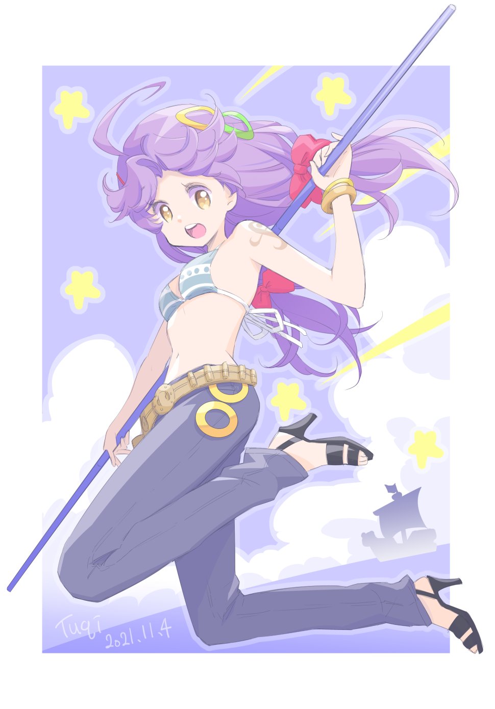 2021, :d, :o, ahoge, bangle, bare_shoulders, belt, bikini