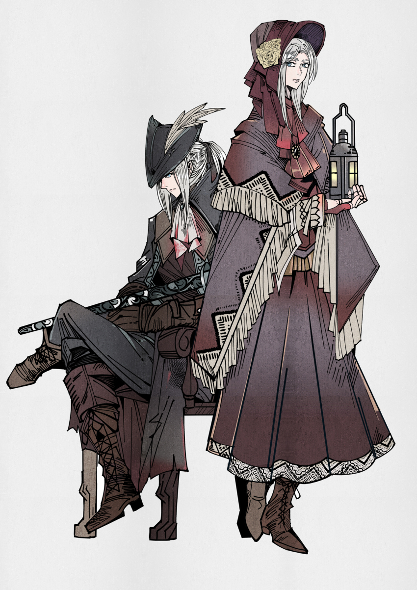 2girls, ascot, blonde_hair, bloodborne, blue_eyes, bonnet, boots, cape