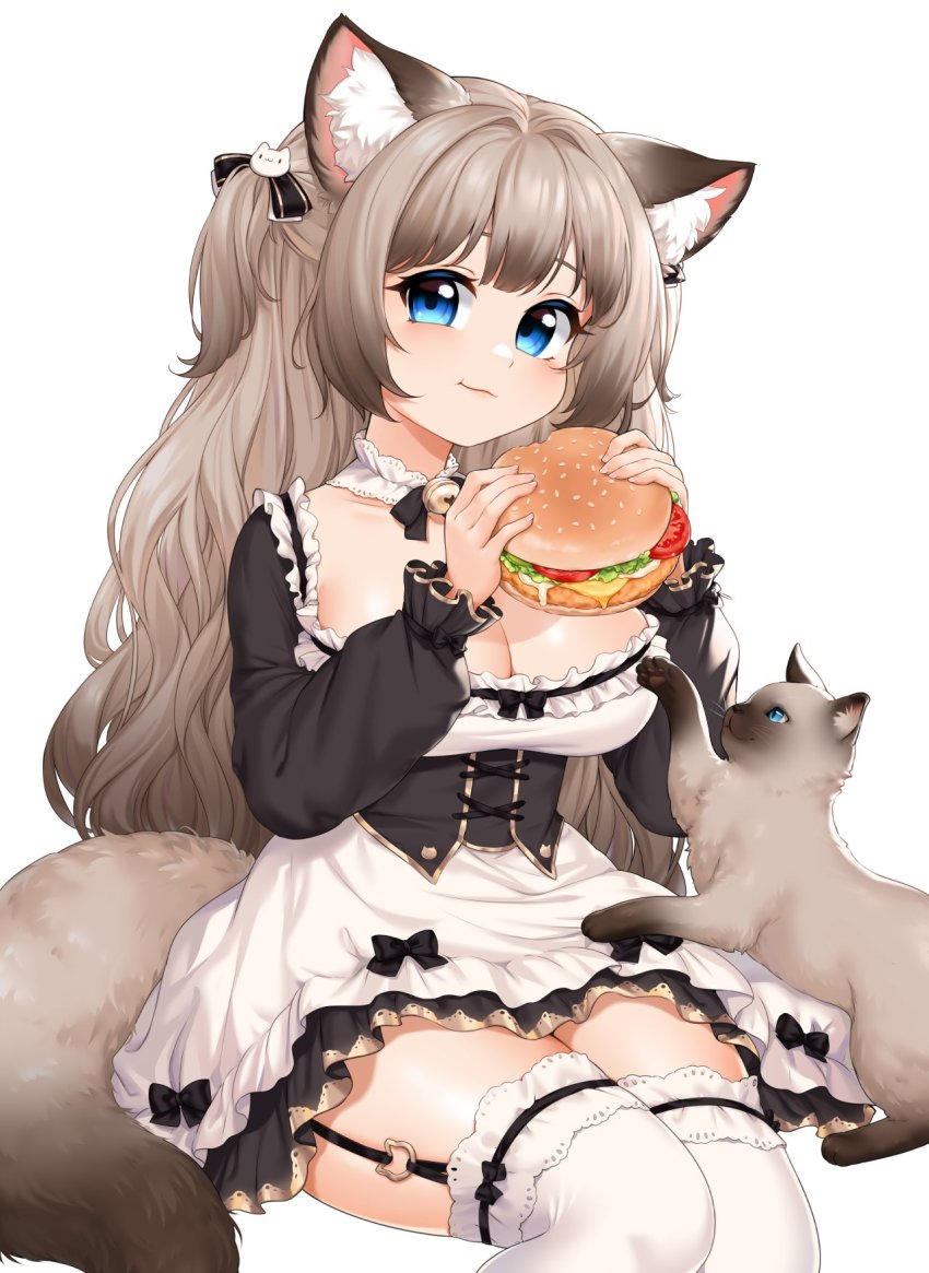 1girl, animal_ears, black_hair, blue_eyes, blush, breasts, brown_hair, burger, cat, cat_ears, cat_girl, cat_tail, cleavage, closed_mouth, colorpoint_(pattern), commission, eating, eyebrows, faenibun, food, garter_straps, gradient_hair, highres, holding, holding_food, indie_virtual_youtuber, large_breasts, long_hair, looking_at_viewer, maid, multicolored_hair, nanasae_(vtuber), over-kneehighs, siamese_cat, sitting, smile, solo, tail, thighhighs, virtual_youtuber, wavy_hair, white_thighhighs