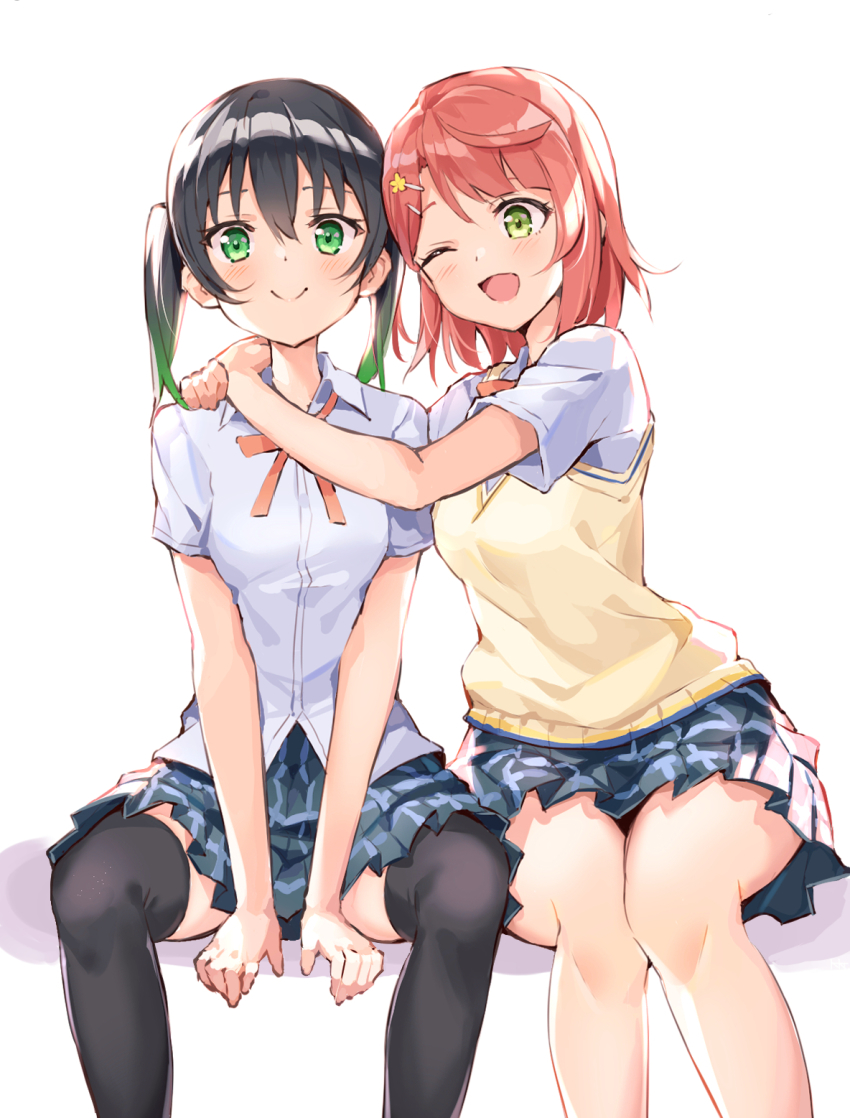 2girls, black_hair, black_thighhighs, blunt_bangs, blush, collared_shirt, couple, dress_shirt