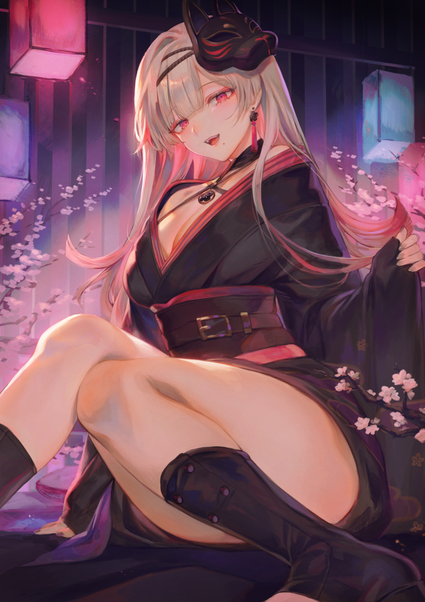 1girl, black_boots, black_kimono, black_sash, blonde_hair, boots, breasts, cherry_blossoms, earrings, foot_out_of_frame, highres, japanese_clothes, jewelry, kimono, lantern, large_breasts, long_hair, makurano_neena, mashutarou_(neko_no_oyashiro), mask, mask_on_head, mole, mole_under_mouth, necklace, obi, open_mouth, outdoors, pink_eyes, production_kawaii, sash, sitting, solo, thighs, virtual_youtuber