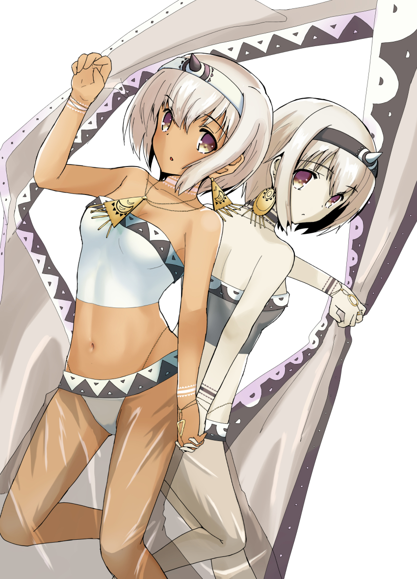 2girls, absurdres, ainu_clothes, aquaplus, bloodtypered, breasts, brown_eyes, cleavage, crop_top, dark-skinned_female, dark_skin, earrings, family, from_behind, gradient_eyes, hair_between_eyes, headband, highres, holding, holding_hands, jewelry, medium_breasts, midriff, multicolored_eyes, multiple_girls, neck_tattoo, necklace, open_mouth, pale_skin, saraana, see-through_clothes, short_hair, siblings, sidelocks, sisters, tattoo, thighs, toned, toned_female, twins, uruuru, utawarerumono, utawarerumono:_itsuwari_no_kamen, white_hair, wrist_tattoo