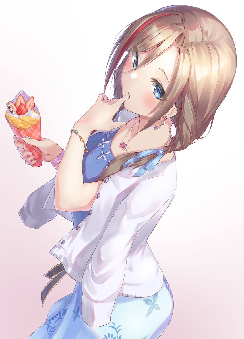 1girl, absurdres, blue_eyes, blue_ribbon, blue_shirt, blue_skirt, bracelet, brown_hair