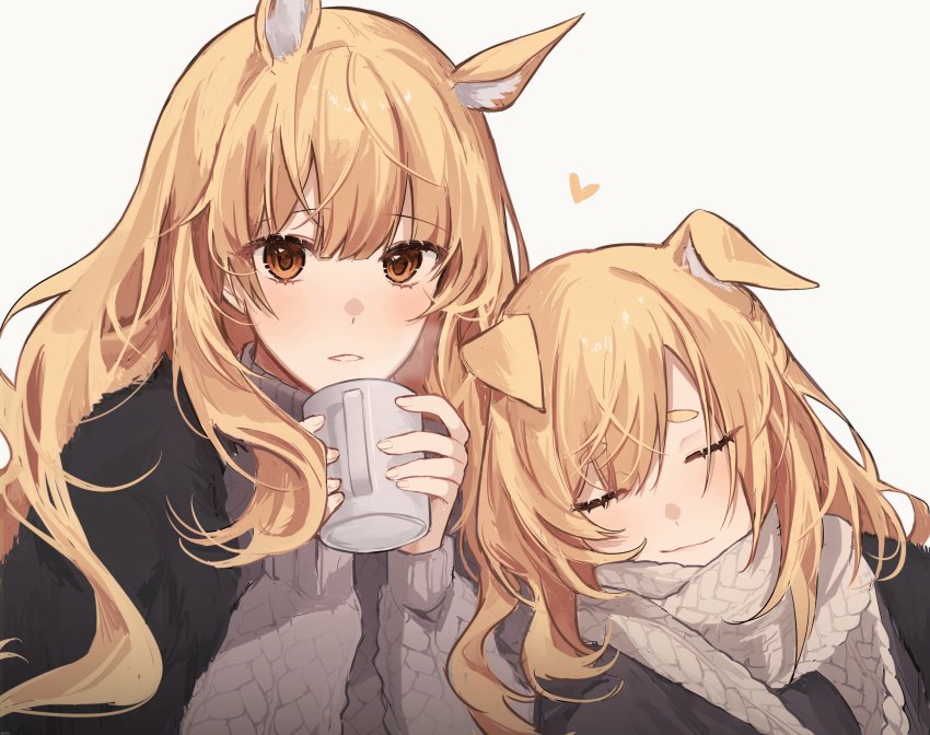2girls, absurdres, animal_ears, arknights, aunt_and_niece, blemishine_(arknights), blonde_hair, blush