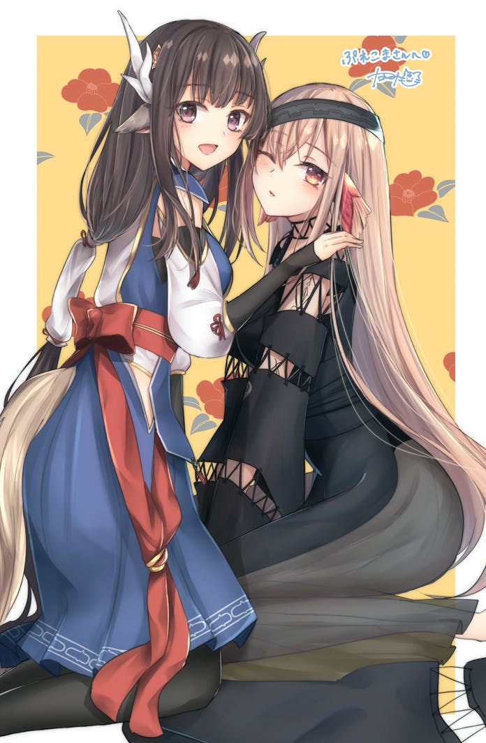 2girls, absurdly_long_hair, animal_ears, aquaplus, black_dress, black_hair, black_leggings, blonde_hair
