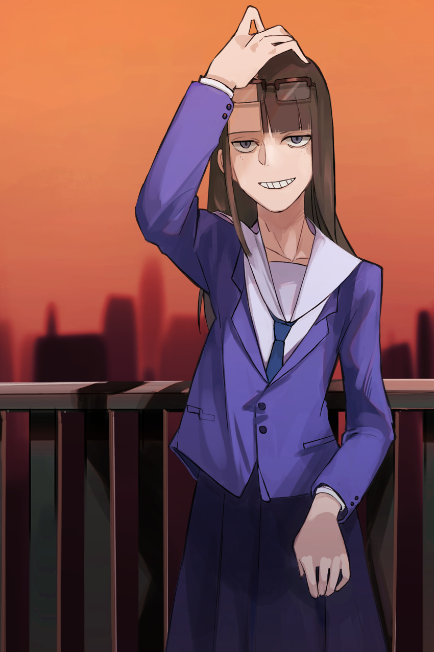 1girl, absurdres, asymmetrical_bangs, blazer, building, city, cityscape, eizouken_ni_wa_te_wo_dasu_na!