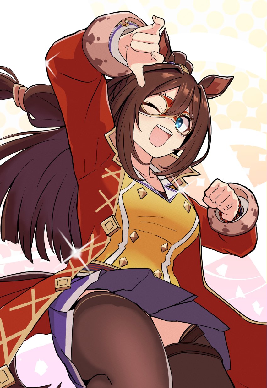 1girl, absurdres, animal_ears, blue_eyes, brown_hair, coat, domino_mask, el_condor_pasa_(umamusume)