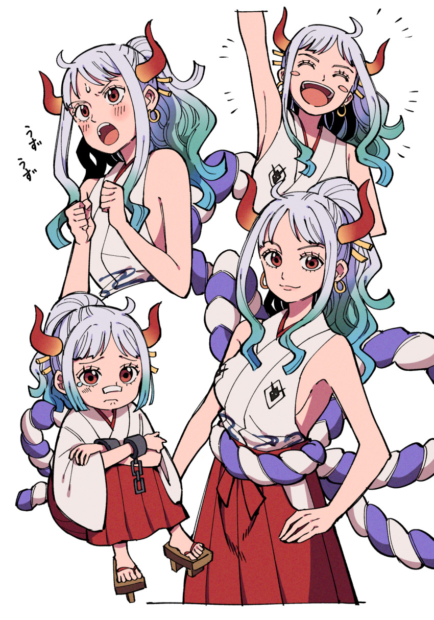 1girl, ai_nige, bare_shoulders, breasts, curled_horns, dress, earrings, green_hair, hair_ornament, highres, horns, japanese_clothes, jewelry, kimono, long_hair, looking_at_viewer, multicolored_hair, multicolored_horns, one_piece, oni, red_horns, rope, shimenawa, sideboob, simple_background, sleeveless, smile, white_background, yamato_(one_piece), aged_down