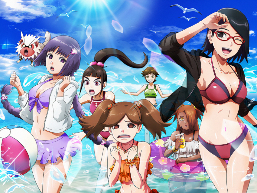 6+girls, akimichi_chouchou, artist_request, bad_link, ball, bare_arms, bare_legs, bare_shoulders, beach, beachball, belly, bikini, bikini_skirt, bird, black_eyes, black_hair, black_shirt, blouse, boruto:_naruto_next_generations, bracelet, braid, braided_ponytail, breasts, brown_eyes, brown_hair, cleavage, collarbone, cup, dark-skinned_female, dark_skin, drinking_glass, drinking_straw, female_focus, flat_chest, glasses, green_bikini, green_eyes, hair_ornament, highres, izuno_wasabi, jewelry, kakei_sumire, kurogane_tsubaki, long_hair, looking_at_viewer, makeup, medium_breasts, midriff, mole, mole_under_eye, multiple_girls, naruto_(series), navel, necklace, nue_(boruto), nue_(creature), official_art, one_eye_closed, open_mouth, orange_bikini, pink_bikini, pink_eyes, playing, ponytail, prank, purple_bikini, purple_eyes, purple_hair, seagull, see-through_clothes, see-through_shirt, shirt, short_hair, small_breasts, smile, splashing, sports_bikini, surprised, suzumeno_namida, swimsuit, thick_eyebrows, twin_braids, twintails, uchiha_sarada, uchiha_symbol, wet, yellow_eyes