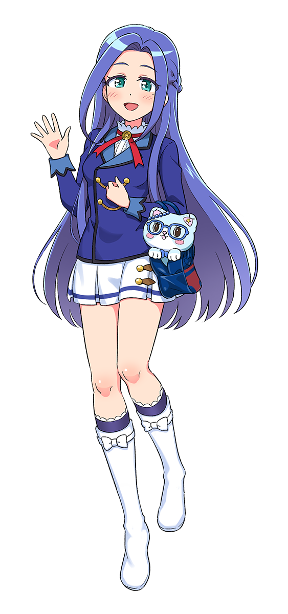 1girl, :d, adjusting_hair, aikatsu!, aikatsu!_(series), aqua_eyes, bag, blue-framed_eyewear, blue_hair, blue_jacket, blush, boots, braid, commission, french_braid, full_body, hair_over_shoulder, hand_up, high_heel_boots, high_heels, highres, imai_kotoko, jacket, knee_boots, long_hair, looking_at_viewer, mewkledreamy, mole, mole_under_eye, neck_ribbon, open_mouth, pleated_skirt, red_neckwear, ribbon, school_bag, school_uniform, shirt, simple_background, single_stripe, skeb_commission, skirt, smile, standing, star_(symbol), star_in_eye, starlight_academy_school_uniform, stuffed_animal, stuffed_cat, stuffed_toy, suu_(mewkledreamy), symbol_in_eye, waving, white_background, white_footwear, white_shirt, white_skirt, yoban