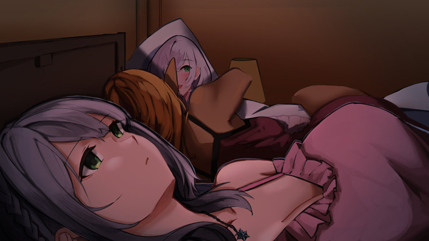 2girls, 500_dollar_four_foot_tall_mareep_(meme), absurdres, bed, bed_sheet, blonde_hair, blunt_bangs, body_pillow, couple, dakimakura_(object), dark-skinned_female, dark_skin, elf, female_pervert, green_eyes, hair_down, highres, hololive, hug, long_hair, lying, meme, multicolored_hair, multiple_girls, nyxview, hugging_object, on_bed, on_side, pervert, pillow, pillow_hug, pointy_ears, shiranui_flare, shirogane_noel, short_hair, silver_hair, streaked_hair, virtual_youtuber, wavy_hair, yuri