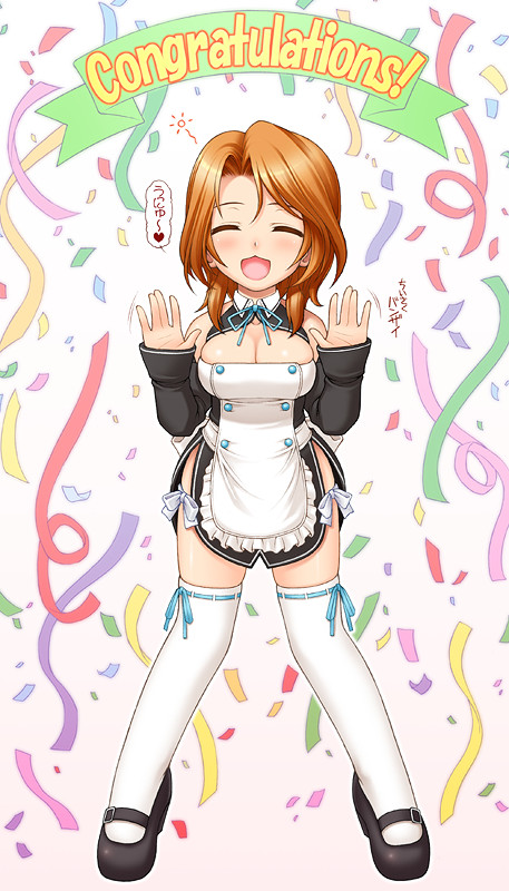 bad_id, bad_pixiv_id, brown_hair, closed_eyes, detached_sleeves, dream_c_club, dream_c_club_(series), futaba_riho, miyagi_yasutomo, short_hair, solo, thighhighs, waitress