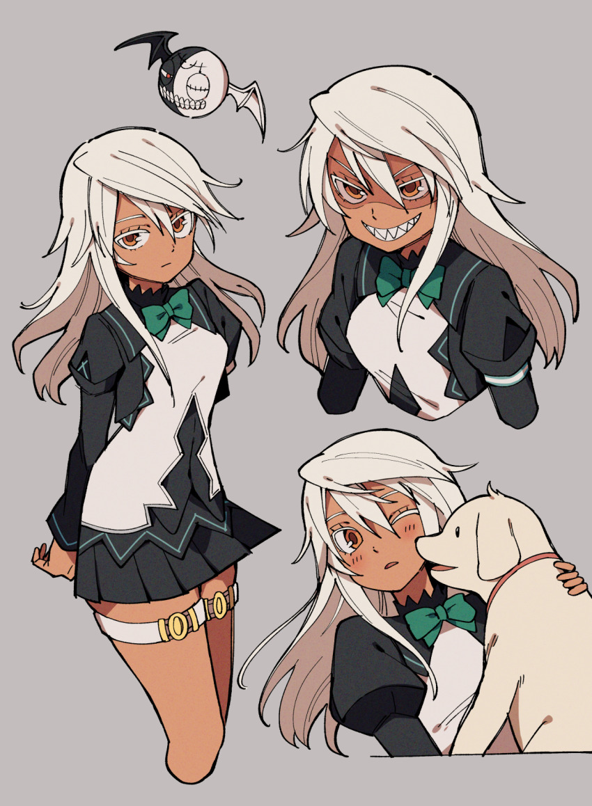 1girl, ai_nige, animal, belt, black_skirt, breasts, colored_eyelashes, cropped_torso, dark-skinned_female, dark_skin, dress, grey_background, guilty_gear, guilty_gear_xrd, highres, long_hair, medium_breasts, one_eye_closed, orange_eyes, pleated_skirt, ramlethal_valentine, serious, sharp_teeth, simple_background, skirt, teeth, white_hair