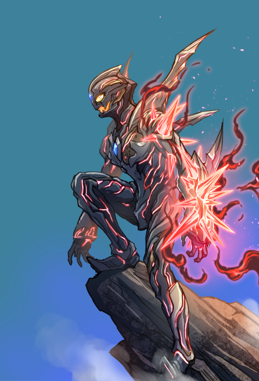 1boy, alien, black_bodysuit, bodysuit, bracelet, character_request, color_timer, fingernails