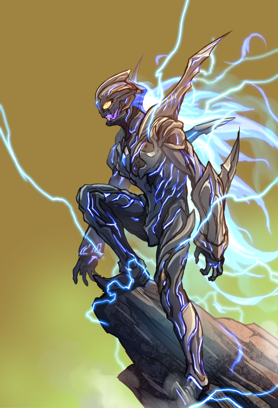 1boy, alien, black_bodysuit, bodysuit, character_request, color_timer, electricity, fingernails