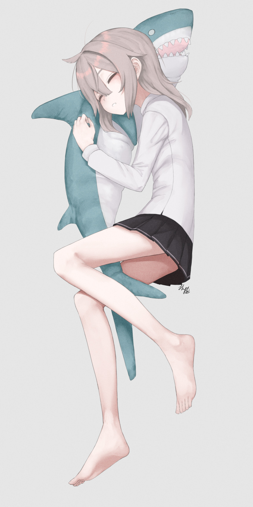 1girl, absurdres, ahoge, bare_legs, barefoot, black_skirt, closed_eyes, collared_shirt