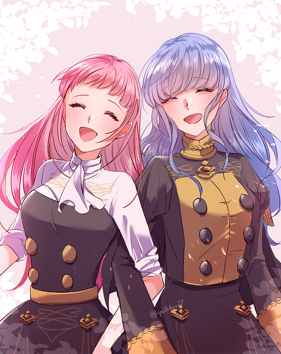 2girls, artist_name, blue_hair, blush, breasts, closed_eyes, commentary_request, cowboy_shot