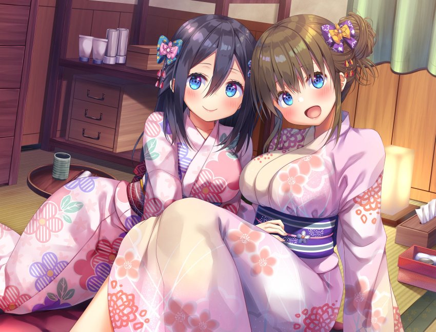 2girls, :d, arm_support, asa_no_ha_(awayuki), black_hair, blue_eyes, blush, bow