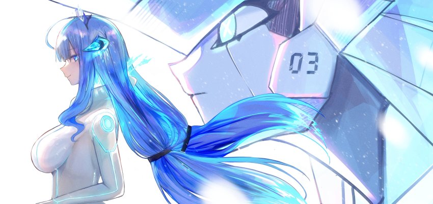 absurdres, ahoge, blue_eyes, bodysuit, breasts, commentary, darling_in_the_franxx, english_commentary