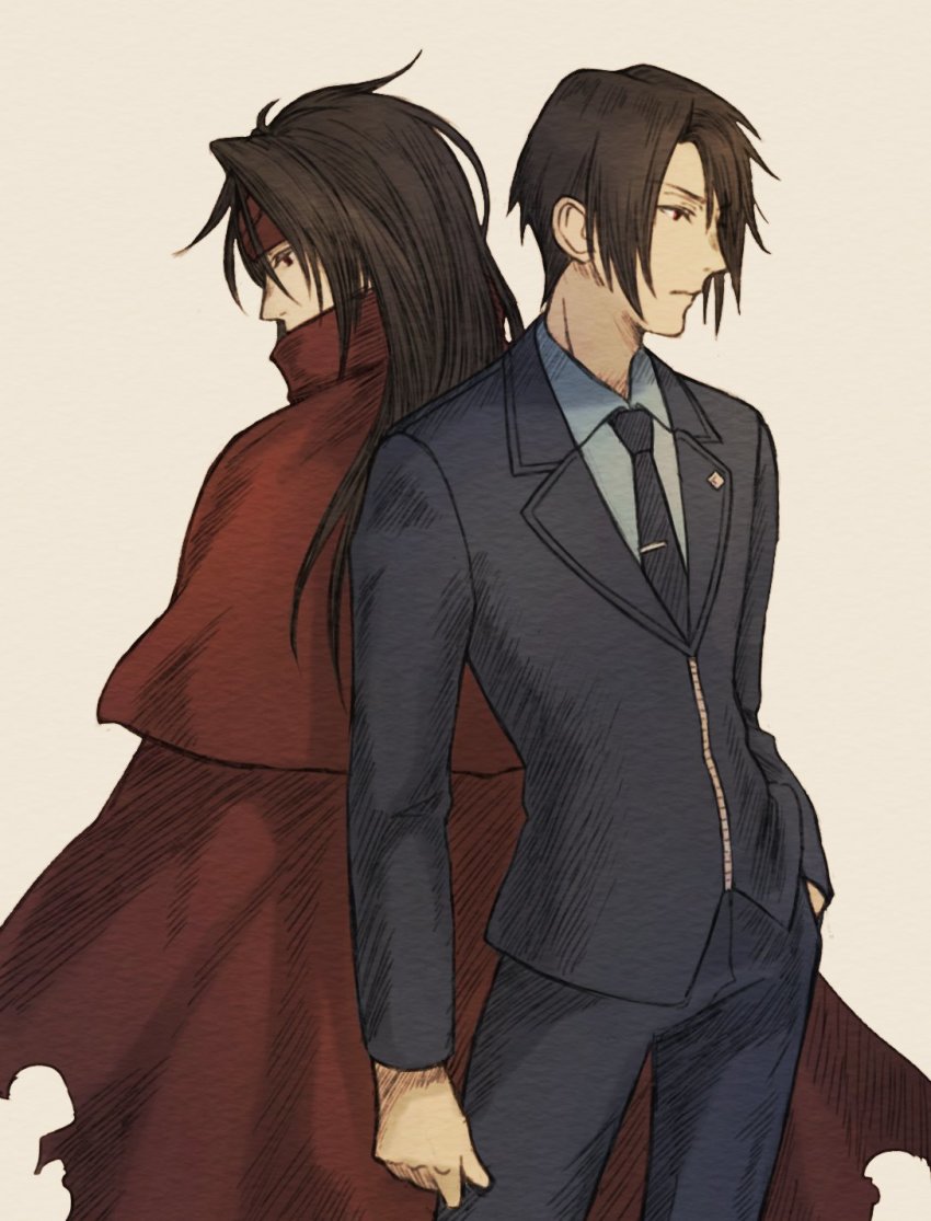 2boys, asutero92, back-to-back, black_hair, cloak, covered_mouth, dirge_of_cerberus:_final_fantasy_vii, final_fantasy, final_fantasy_vii, formal_clothes, headband, highres, long_hair, looking_down, messy_hair, multiple_boys, necktie, red_eyes, short_hair, square_enix, suit, turks_(ff7), vincent_valentine