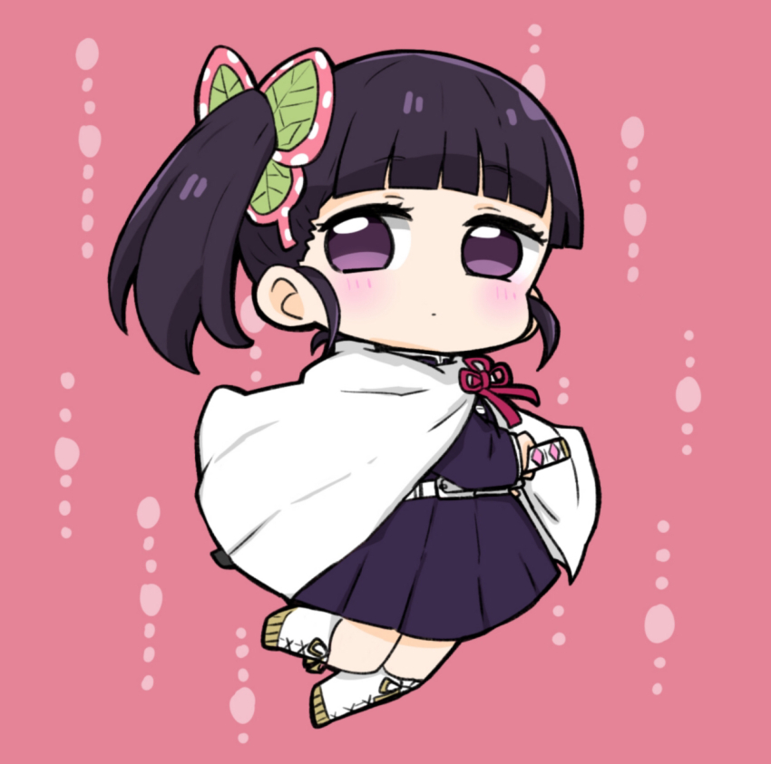 1girl, black_hair, blunt_bangs, blush, boots, cape, chibi, closed_mouth