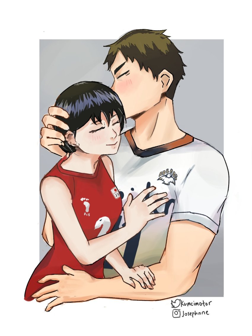 1boy, 1girl, amanai_kanoka, black_hair, closed_mouth, closed_eyes, haikyuu!!, hetero