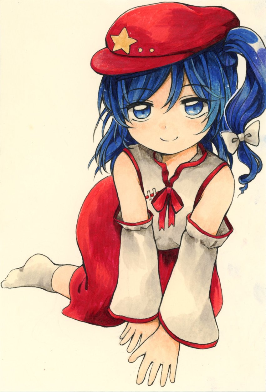 1girl, bare_shoulders, blue_eyes, blue_hair, breasts, detached_sleeves, extra, flat_cap