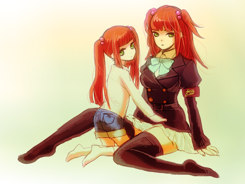 00s, age_comparison, aged_down, armband, black_thighhighs, bow, dual_persona, green_eyes