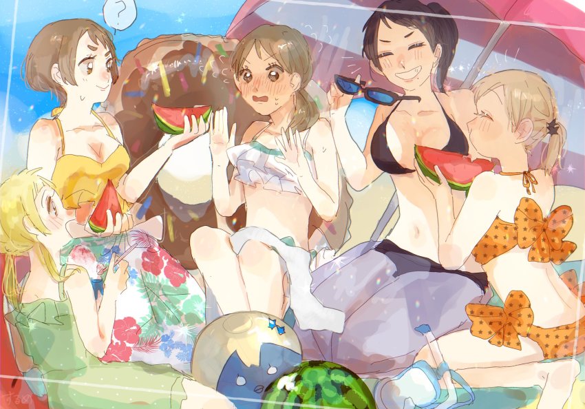 5girls, ?, aohara_chika, beach, beach_umbrella, bikini, black_hair, blonde_hair, blush, breasts, brown_hair, cleavage, food, fruit, haikyuu!!, highres, kuribayashi_runa, medium_breasts, misaki_hana, multiple_girls, nametsu_mai, navel, outdoors, shimizu_kiyoko, small_breasts, smile, sunglasses, swimsuit, umbrella, watermelon, yachi_hitoka