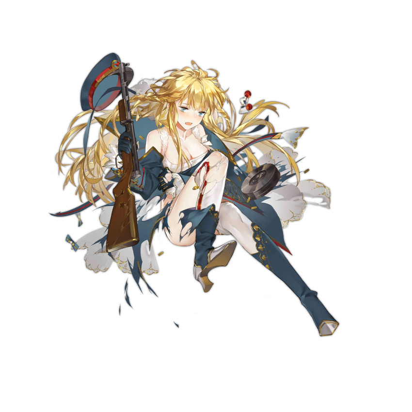 1girl, 7.62x25_tokarev, ammunition, blonde_hair, blue_eyes, blue_footwear, blue_gloves, blue_hat