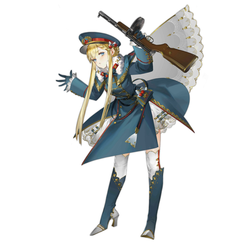 1girl, belt, blonde_hair, blue_coat, blue_eyes, blue_footwear, blue_gloves, blue_hat, blush, braid, breasts, coat, drum_magazine, floor, fur-trimmed_coat, fur_trim, girls'_frontline, gloves, gun, hair_ornament, hand_up, hat, high-capacity_magazine, highres, holding, holding_weapon, long_hair, looking_at_viewer, magazine_(weapon), military, military_hat, military_uniform, official_art, ppd-40, ppd-40_(girls'_frontline), shuaigegentou, small_breasts, solo, standing, submachine_gun, thighhighs, transparent_background, weapon, white_thighhighs