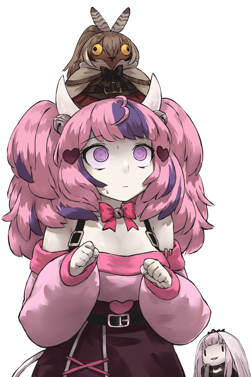 2girls, animal, animal_on_head, animalization, bird, closed_mouth, crossover, feather_hair_ornament, feathers, hair_ornament, haraya_manawari, highres, hololive, hololive_english, horns, ironmouse, ironmouse_(1st_costume), looking_up, mori_calliope, mori_calliope_(1st_costume), multicolored_hair, multiple_girls, nanashi_mumei, nanashi_mumei_(1st_costume), on_head, owl, pink_eyes, pink_hair, purple_hair, simple_background, smol_calli, streaked_hair, teeth, virtual_youtuber, vshojo, walfie_(style), white_background