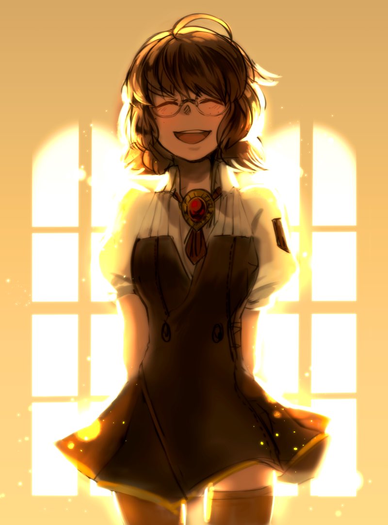 1girl, brooch, brown_dress, brown_hair, brown_thighhighs, closed_eyes, collared_shirt, commentary_request