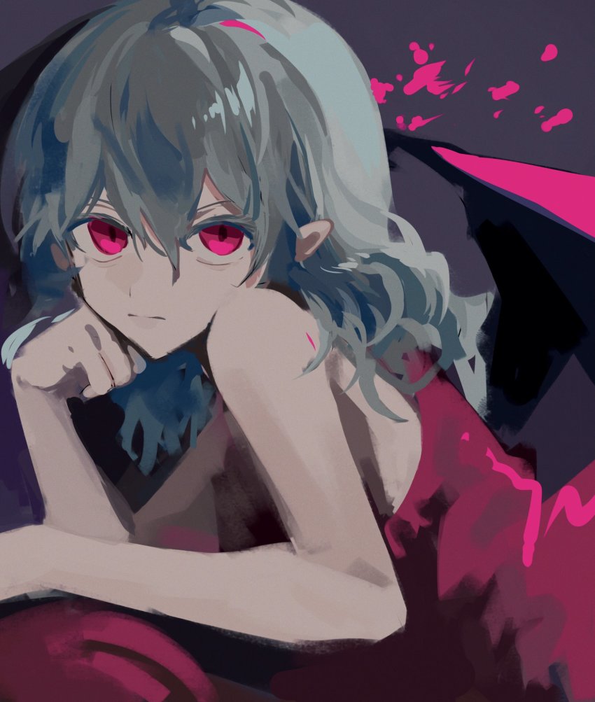 1girl, bare_arms, bare_shoulders, blood, commentary_request, dress, from_side, grey_background