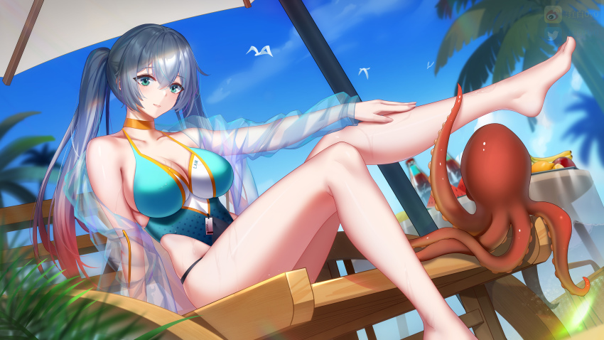 1girl, absurdres, bare_legs, barefoot, beach_chair, blue_one-piece_swimsuit, blue_sky, bottle, breasts, chinese_commentary, choker, closed_mouth, commentary_request, day, dutch_angle, feet, food, foot_out_of_frame, fruit, girls'_frontline, girls'_frontline_neural_cloud, gradient_hair, green_eyes, hair_between_eyes, hand_on_own_leg, highleg, highleg_one-piece_swimsuit, highres, hong_bai, jacket, lam_(holiday_angler)_(neural_cloud), lam_(neural_cloud), large_breasts, long_hair, long_sleeves, looking_at_viewer, lwmmg_(girls'_frontline), multicolored_hair, octopus, one-piece_swimsuit, open_clothes, open_jacket, orange_choker, outdoors, palm_tree, red_hair, see-through_clothes, see-through_jacket, silver_hair, sitting, sky, solo, swimsuit, swimsuit_cover-up, tree, twintails